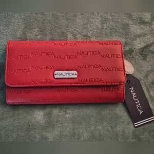 NWT Nautica Red Embossed Logo Foldover Wallet with Silver Nameplate